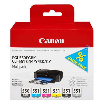 Canon PGI-550/CLI-551 (6496B005), originální inkoust, PGBK/C/M/Y/BK/GY, Multipack