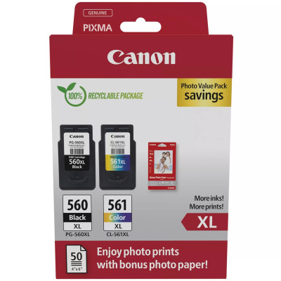 Canon PG-560XL/CL-561XL (3712C008), originální inkoust, černý/barevný, 2-pack XL +PP-201 50 listů