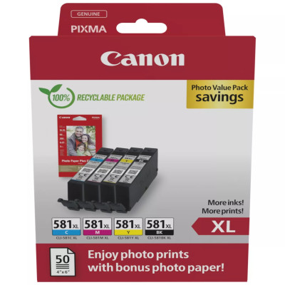 Canon CLI-581XL (2052C006), originální inkoust, CMYK, 4 x 8,3 ml, XL +PP-201 50 listů