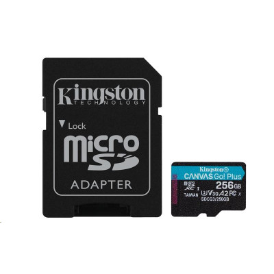 Kingston MicroSDXC karta 256GB Canvas Go! Plus, R:170/W:90MB/s, Class 10, UHS-I, U3, V30, A2 + Adaptér