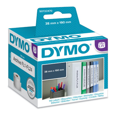 Dymo papírové štítky 190mm x 38mm, bílé, na úzké pořadače, 110 ks, 99018, S0722470