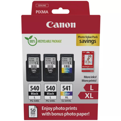 Canon PG-540L x2/CL-541XL (5224B015), originální inkoust, černý/barevný, 2x 300/400 stran (2x 11 + 15 ml), Multipack + Photo Paper Value Pack